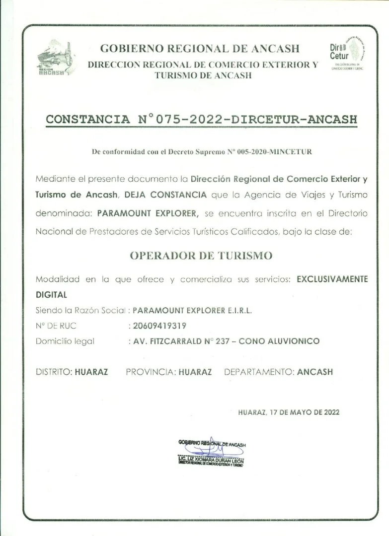 Autorización DIRCETUR Áncash